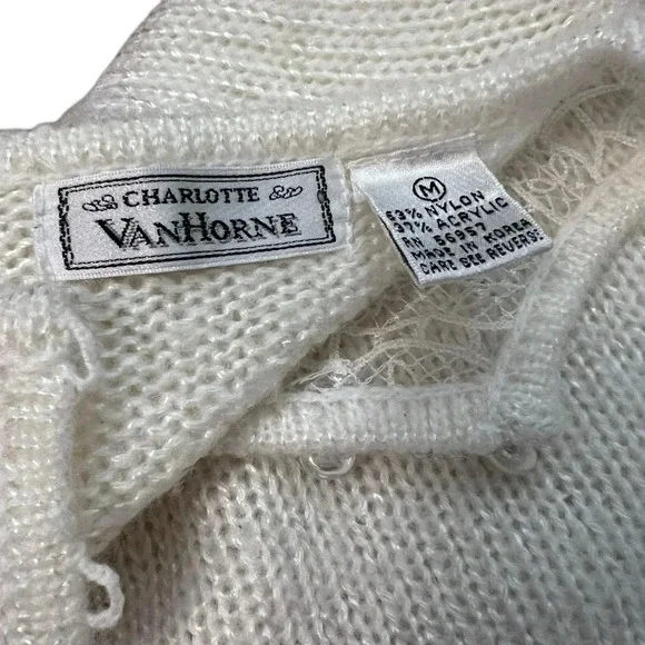 Vintage Charlotte VanHorne Cream Sweater Medium‎ Lace Pearl Embellished 80s - Picture 7 of 9